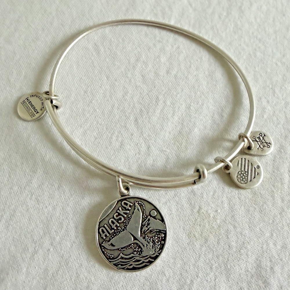 Vtg Alex and Ani Alaska Whale Tail Charm Bangle Bracelet‎ Silver